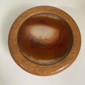 VINTAGE NATURAL AGATE STONE INLAID WOOD TRINKET BOX MADE IN BRAZIL 1980